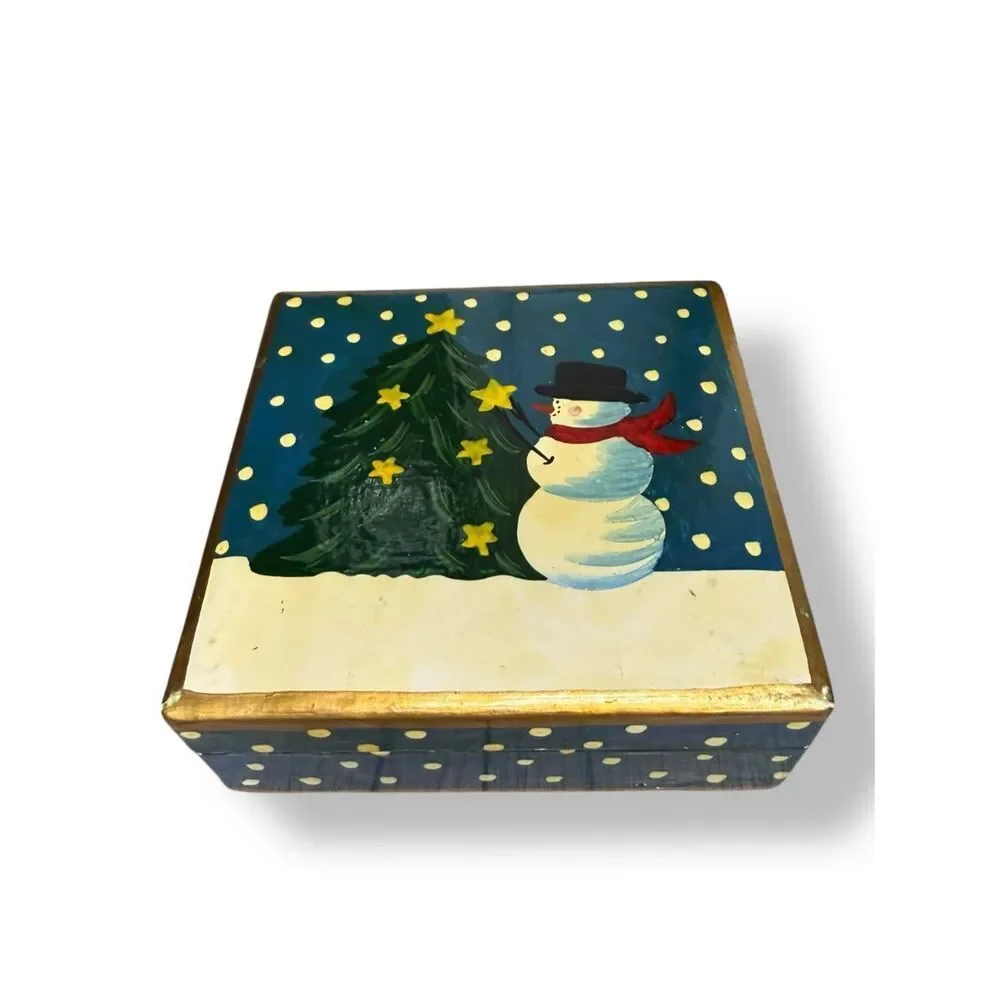 Vintage Snowman Wood Coasters Set of 6 Christmas‎ Drink Coasters in Box 80s
